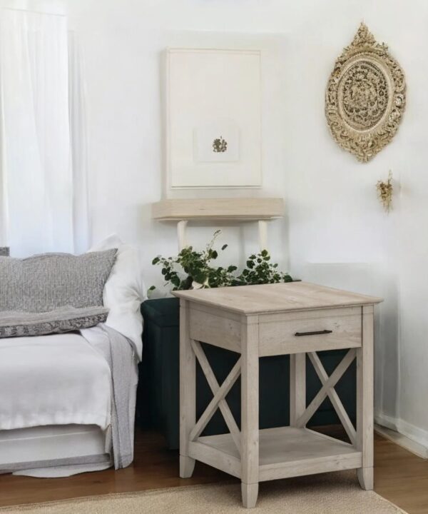 Light Oak Farmhouse Bedside Table with Drawer and Display Shelf
