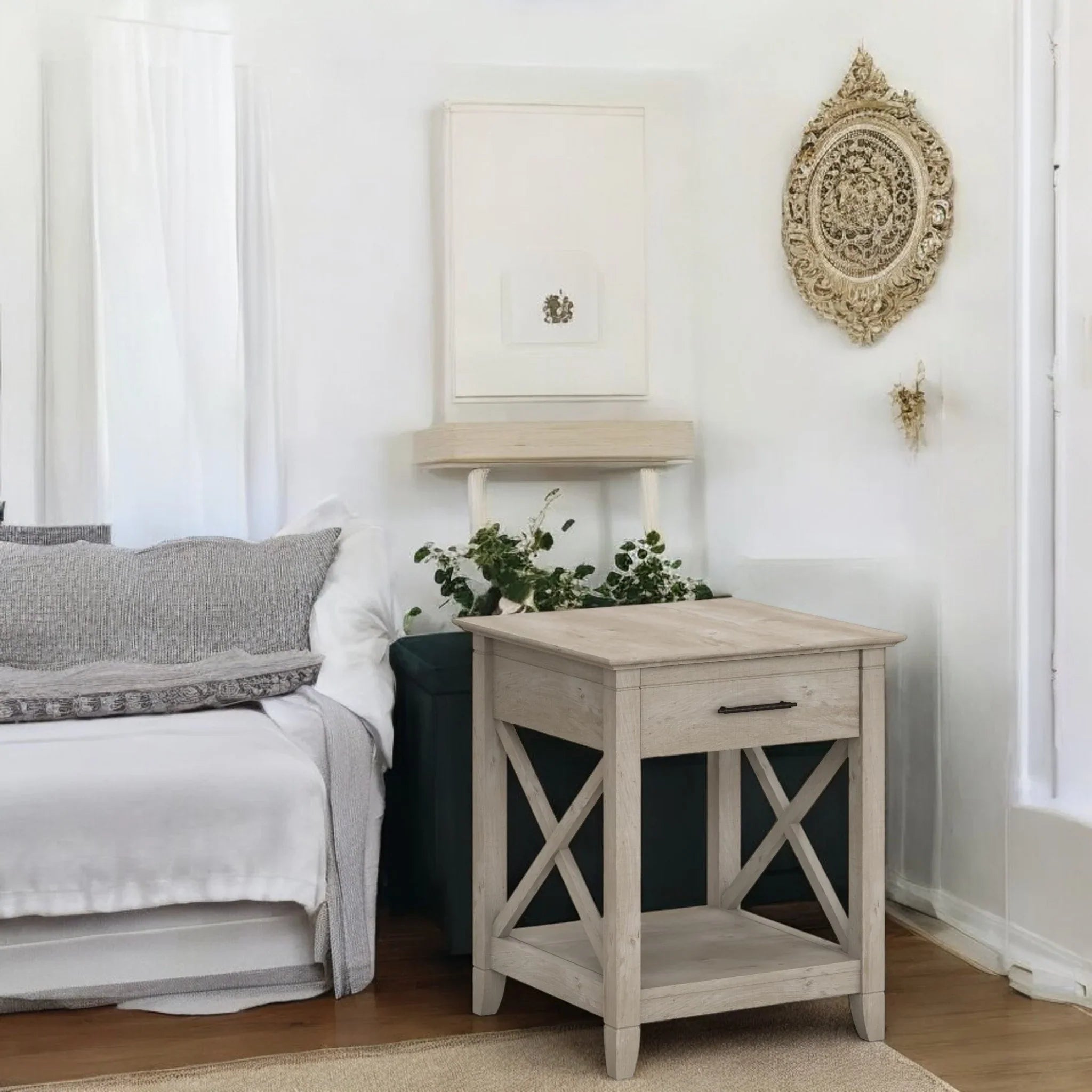 Light Oak Farmhouse Bedside Table with Drawer and Display Shelf