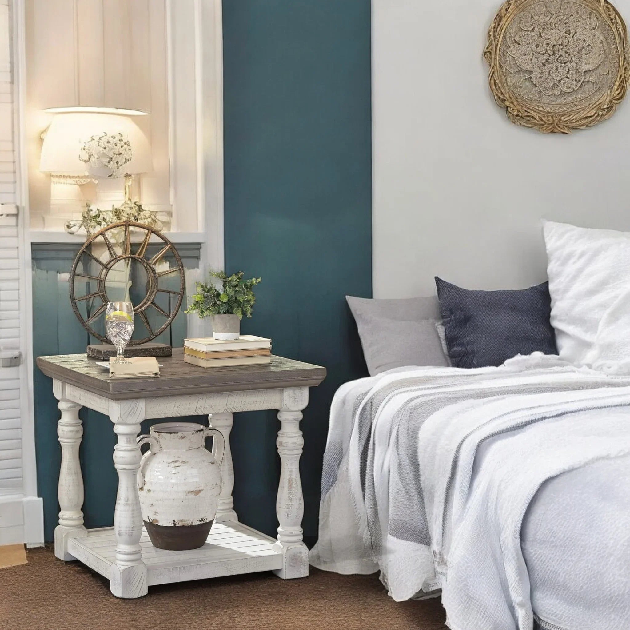 Vintage French Country End Table in Whitewashed Oak Finish