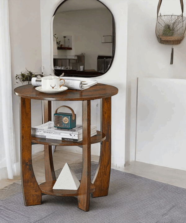 Round Solid Wood Accent Table with Dual Storage Shelves