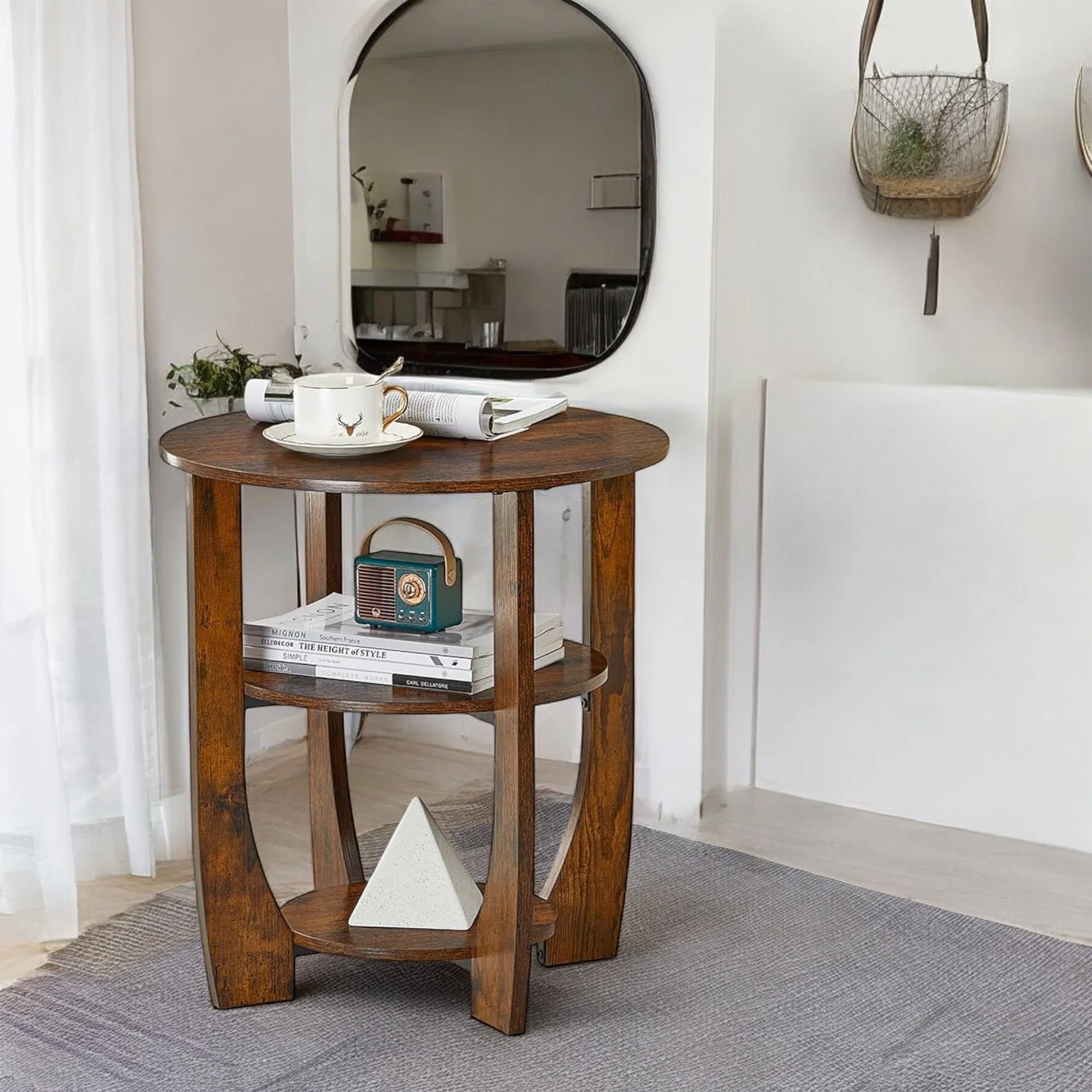 Round Solid Wood Accent Table with Dual Storage Shelves