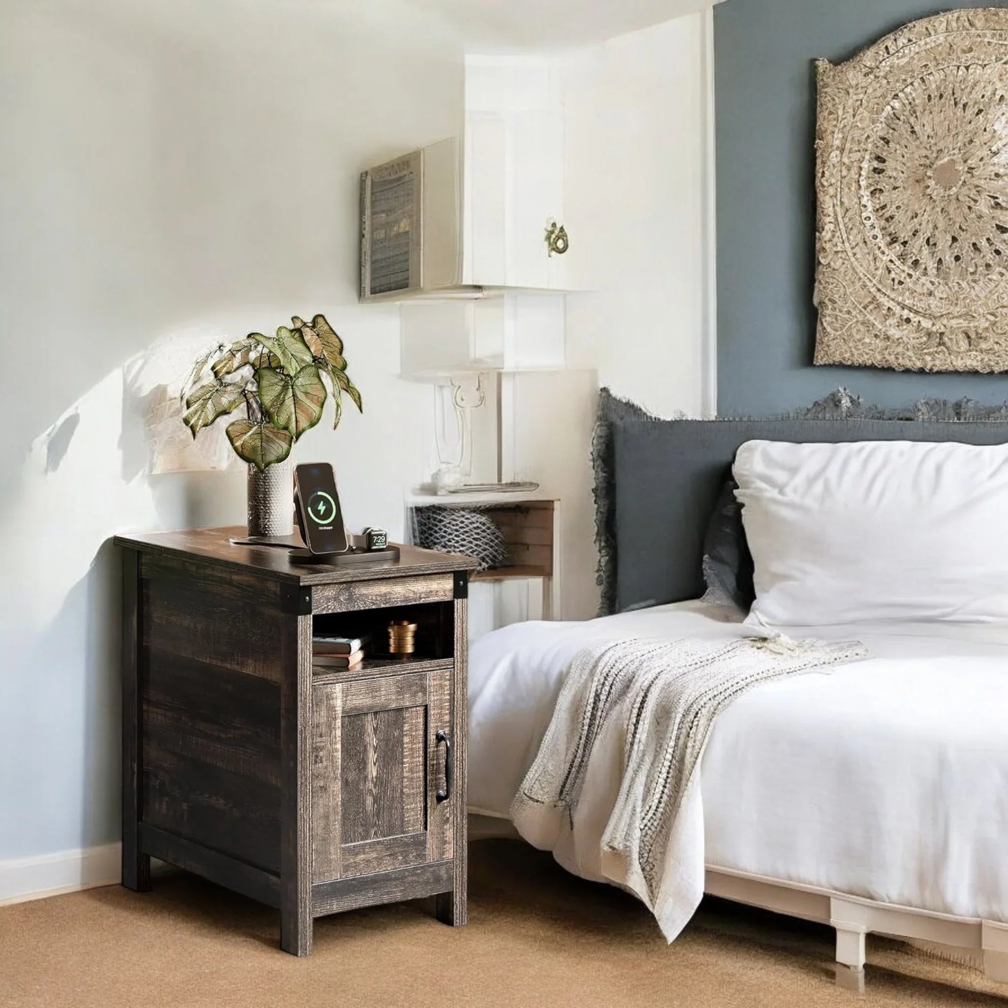 Rustic Wood Nightstand with Door and Open Shelf for Cozy Bedroom