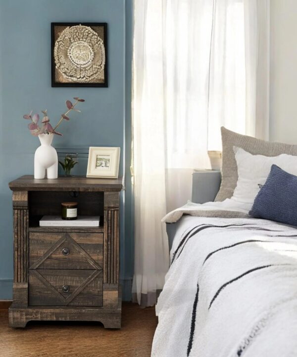 Farmhouse Rustic Nightstand with Dual Drawers and Vintage Look