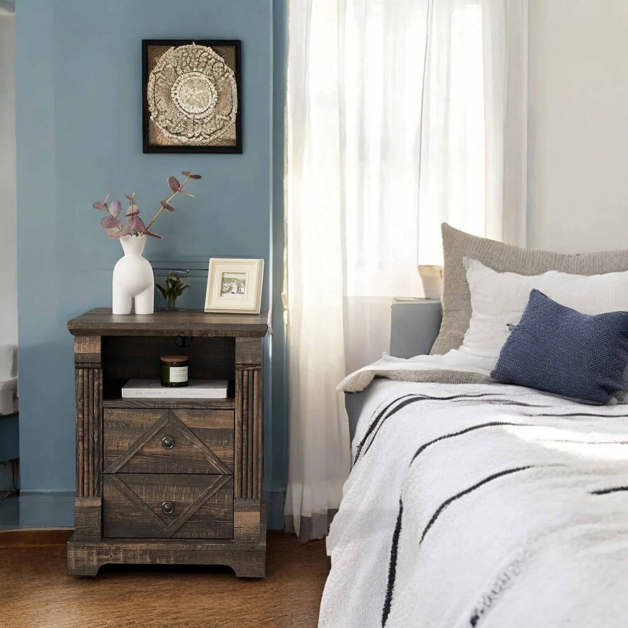 Farmhouse Rustic Nightstand with Dual Drawers and Vintage Look