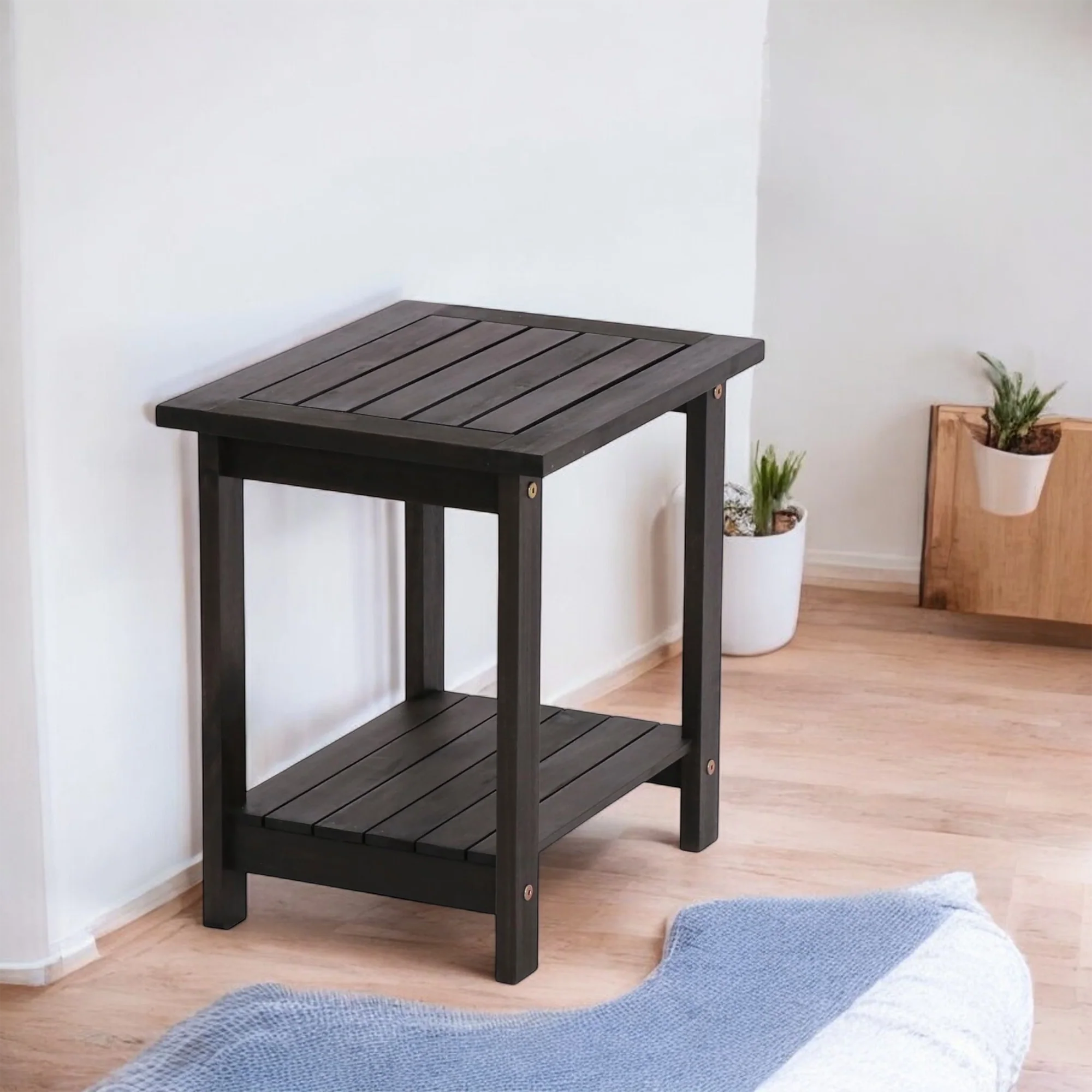 Natural Solid Wood Side Table with Open Shelf and Smooth Finish