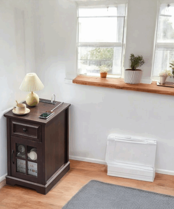 End Table with Drawer Glass Display and USB Charging Station