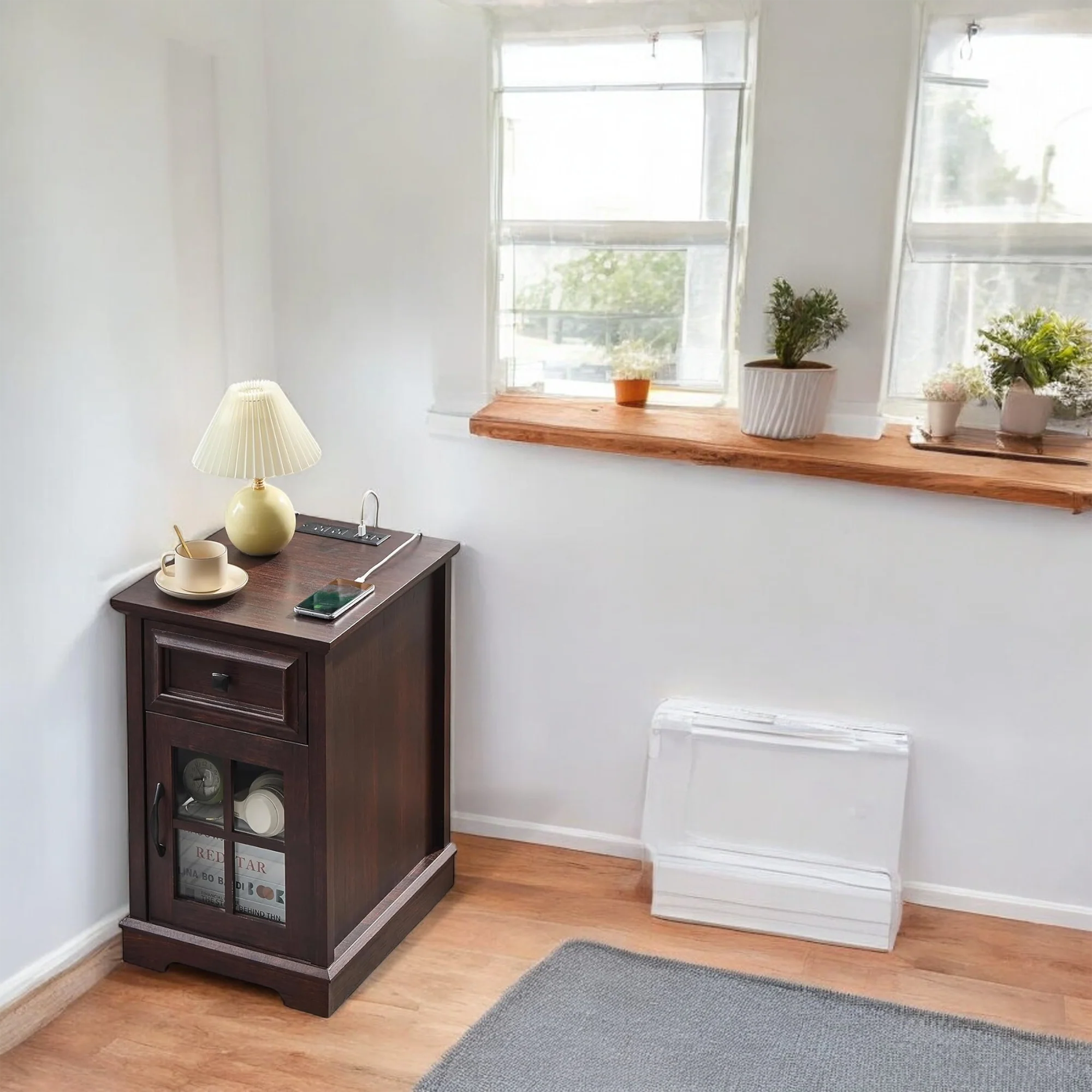 End Table with Drawer Glass Display and USB Charging Station